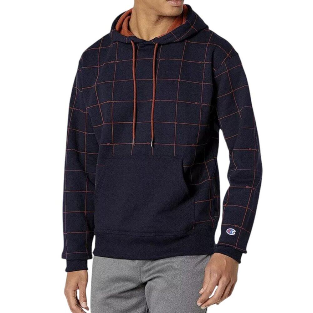 CHAMPION Powerblend All Over Logo Pullover Hoodie Sweatshirt in Navy SZ L